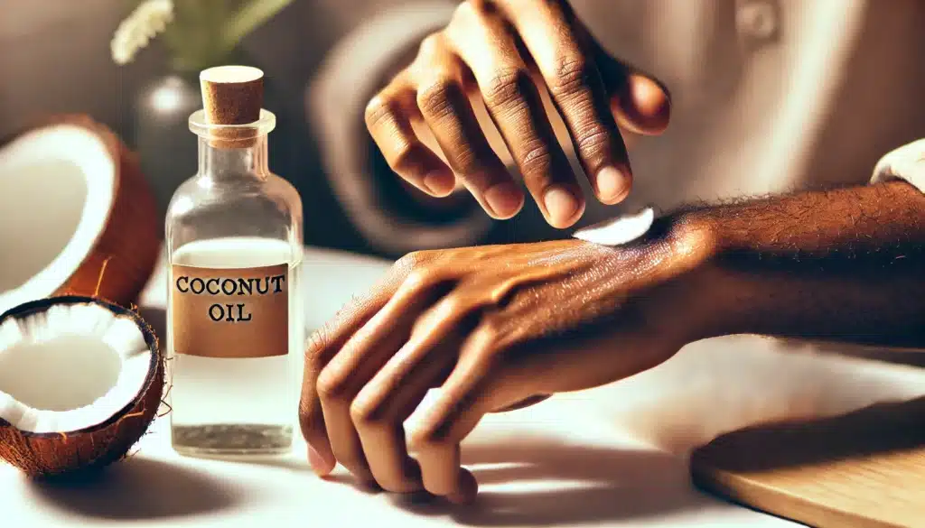 Un homme applique de l'huile de coco pour apaiser une brulure sur sa main