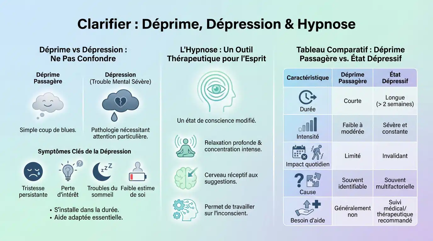 Schéma comparatif illustrant les différences entre une déprime passagère et une dépression clinique nécessitant l'hypnose
