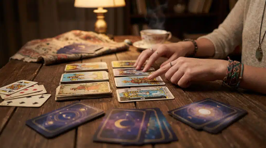 Mains posant des cartes de tarot pour une séance de cartomancie