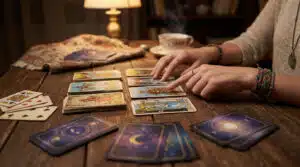 Mains posant des cartes de tarot pour une séance de cartomancie