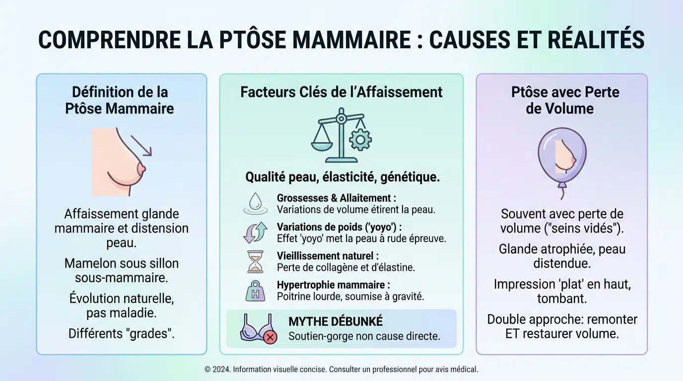 Schéma explicatif comparant une anatomie mammaire normale et les différents stades de ptose