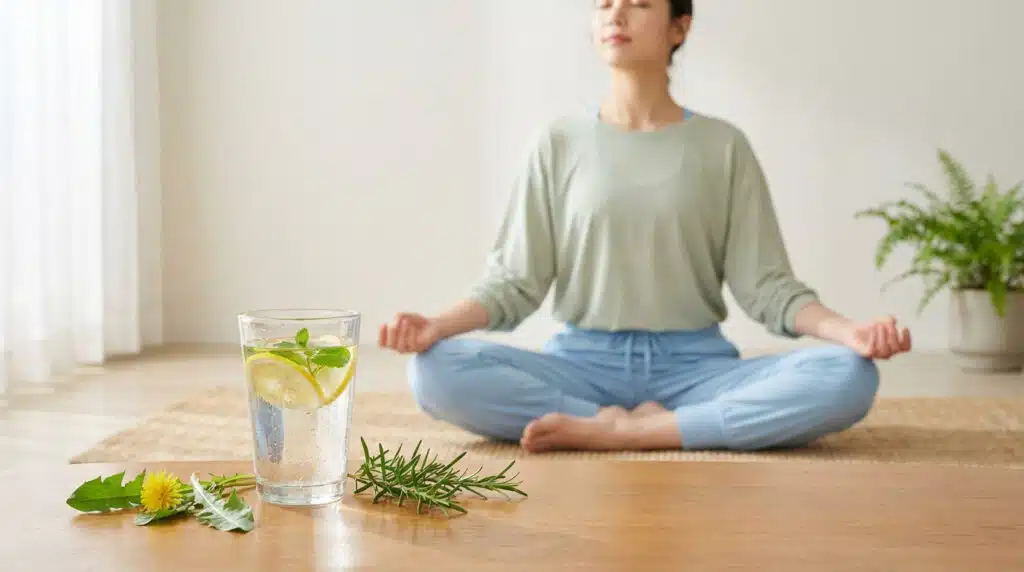 Femme tranquille pratiquant un moment de bien-être naturel pour un drainage corps efficace