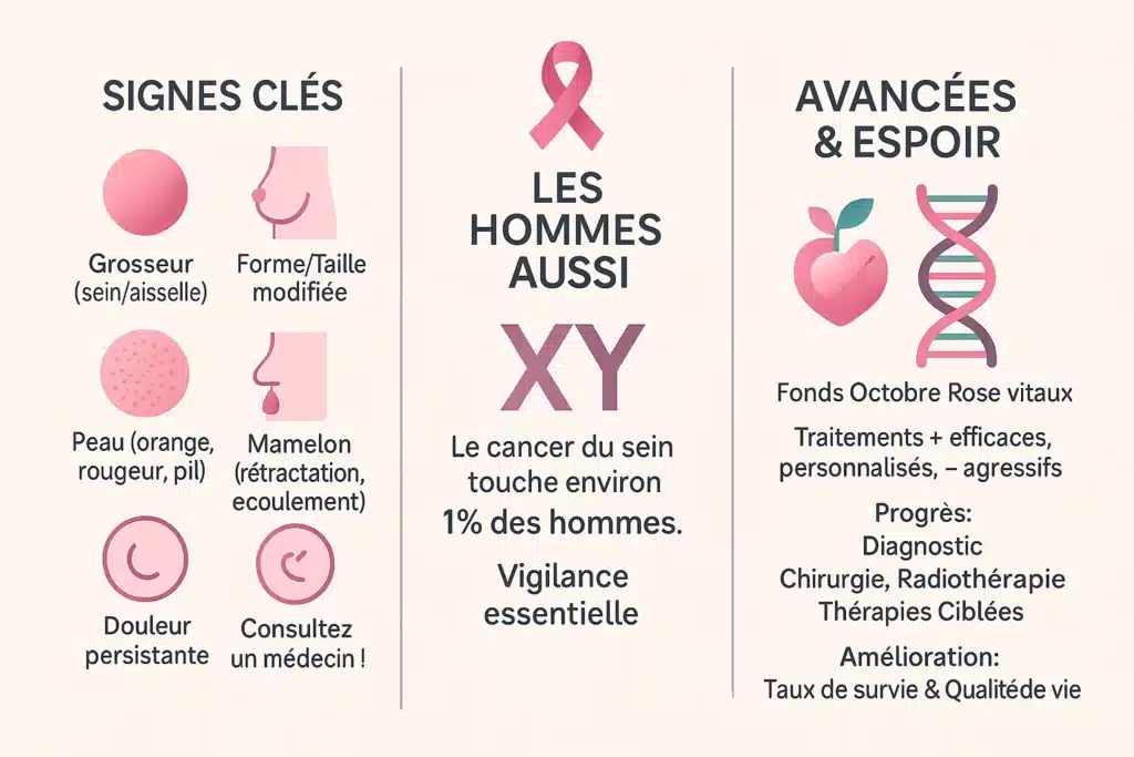 Illustration sensibilisation au cancer du sein avec signes clés et progrès médicaux