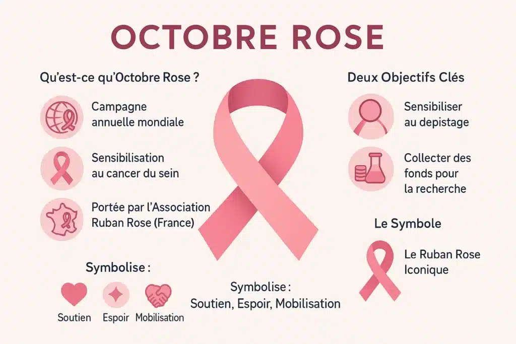 Affiche explicative de la campagne Octobre Rose avec le ruban rose et les objectifs de sensibilisation au cancer du sein