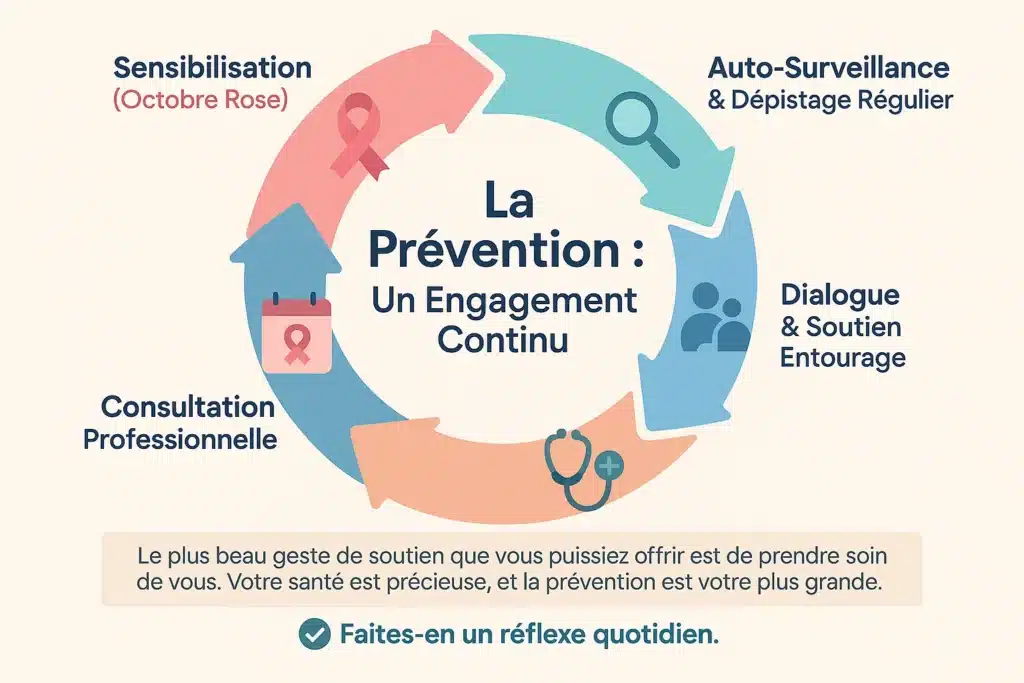 Illustration sur la prévention du cancer du sein avec étapes d'engagement continu pour octobre rose