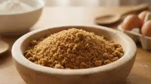 Gros plan sur un bol en bois rempli de sucre cassonade. En arrière-plan flou, de la farine et des œufs pour la pâtisserie.