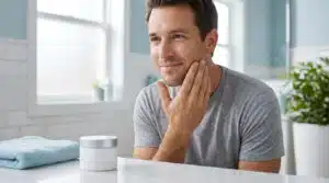 Homme appliquant une crème visage homme sur une peau saine