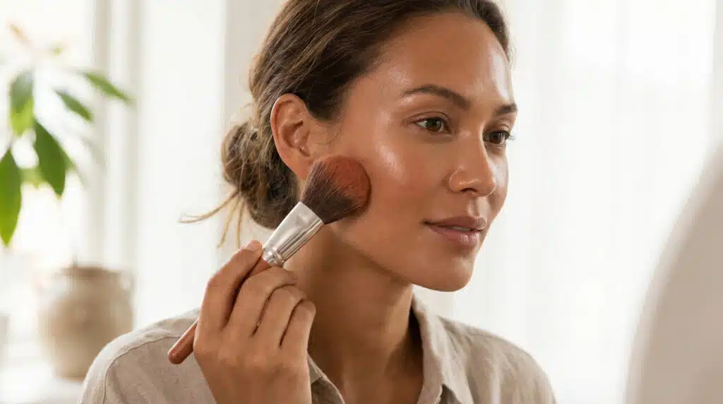 Une femme applique du blush ou du bronzer terracotta sur sa joue avec un pinceau, pour un teint hâlé et lumineux.