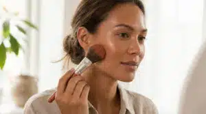 Une femme applique du blush ou du bronzer terracotta sur sa joue avec un pinceau, pour un teint hâlé et lumineux.