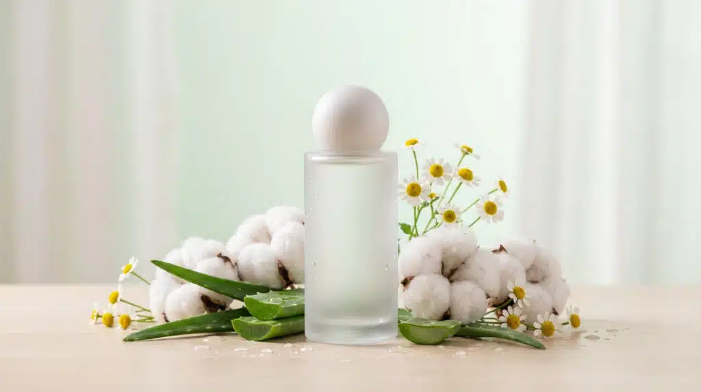 Choisir le meilleur gel intime femme pour son équilibre Bouteille givrée de gel intime entourée de boules de coton, fleurs de camomille et feuilles d'aloe vera coupées sur table en bois.