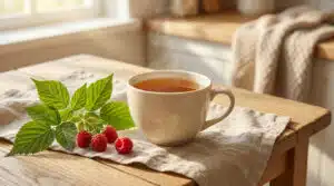 A warm cup of raspberry leaf tea steams gently on a wooden table with fresh raspberry leaves and ripe berries, bathed in soft morning light.