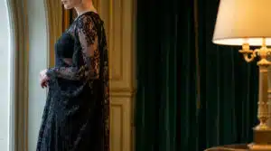 Une femme en dentelle noire élégante regarde par la fenêtre dans une pièce somptueuse aux rideaux de velours verts et lampe dorée.