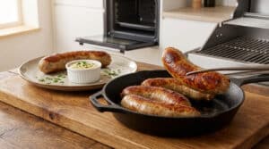 Cuisson de l'andouillette montrant trois andouillettes dorées préparées de différentes façons