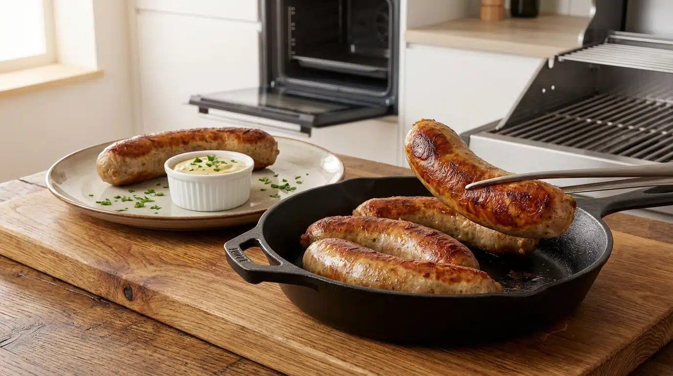 cuisson de l’andouillette Cuisson de l'andouillette montrant trois andouillettes dorées préparées de différentes façons