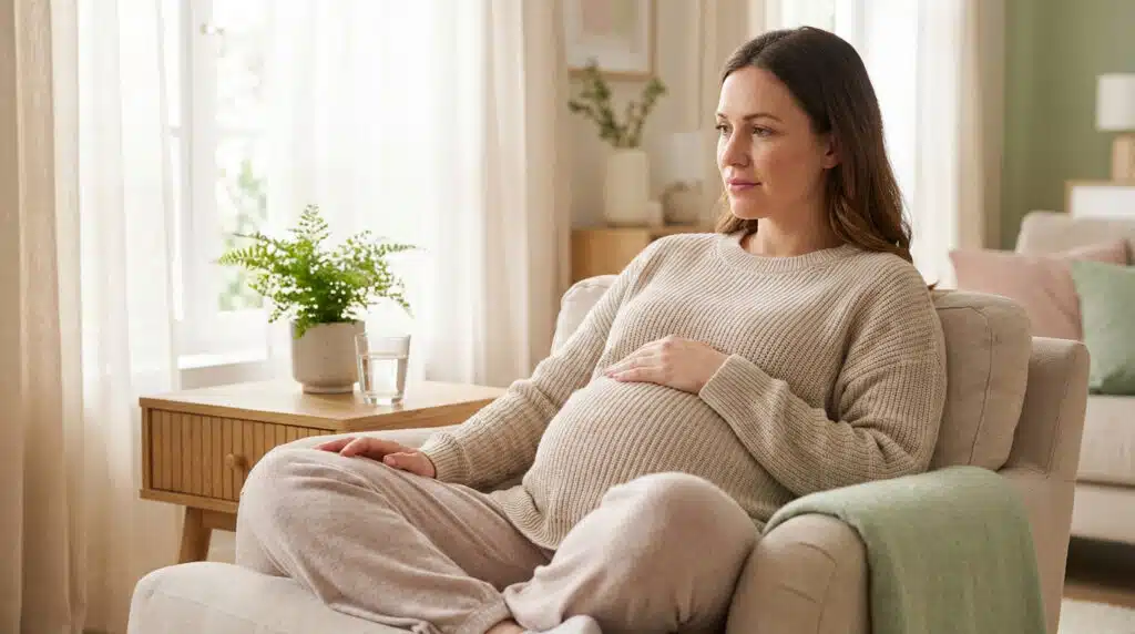 Comment apaiser la diarrhée pendant la grossesse naturellement Femme enceinte assise sereinement à la maison, illustration de la diarrhée grossesse