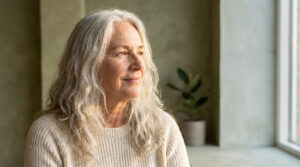 Femme avec cheveux blancs profitant sereinement du soleil