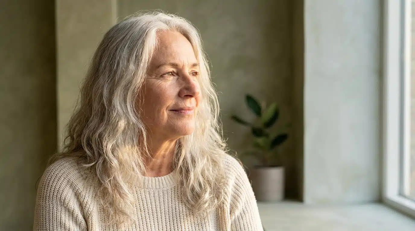 Femme aux cheveux blancs en sérénité au soleil Femme avec cheveux blancs profitant sereinement du soleil