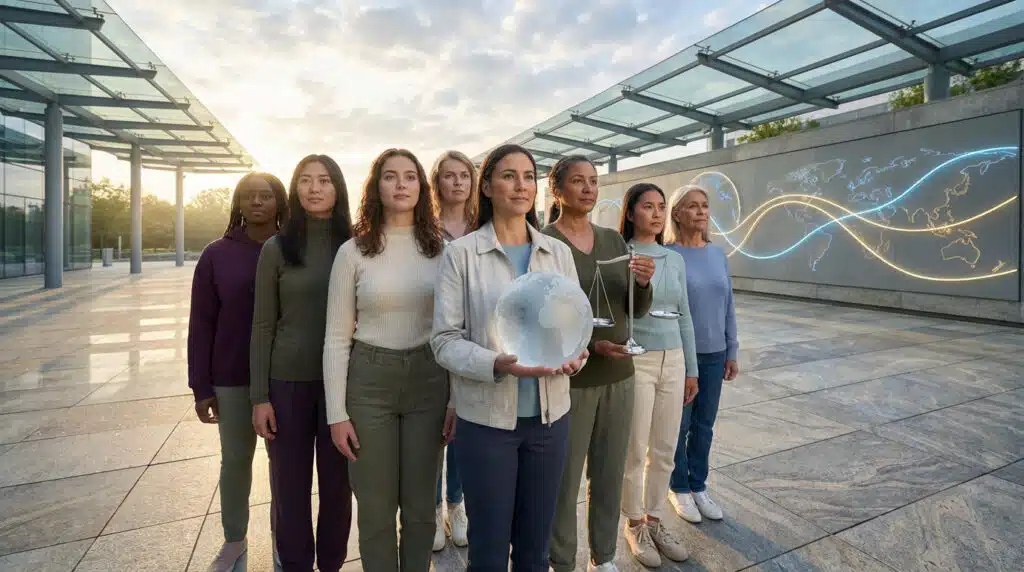 Illustration symbolique représentant l’unité féminine pour la journée des droits de la femme, justice, progrès et avenir mondial