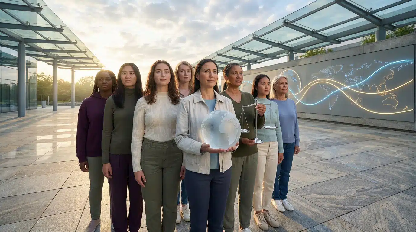 Journée des droits de la femme unie pour la justice, le progrès et l’avenir mondial Illustration symbolique représentant l’unité féminine pour la journée des droits de la femme, justice, progrès et avenir mondial
