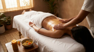 Massage ayurvédique relaxant appliqué avec des huiles chaudes sur le dos d'un homme