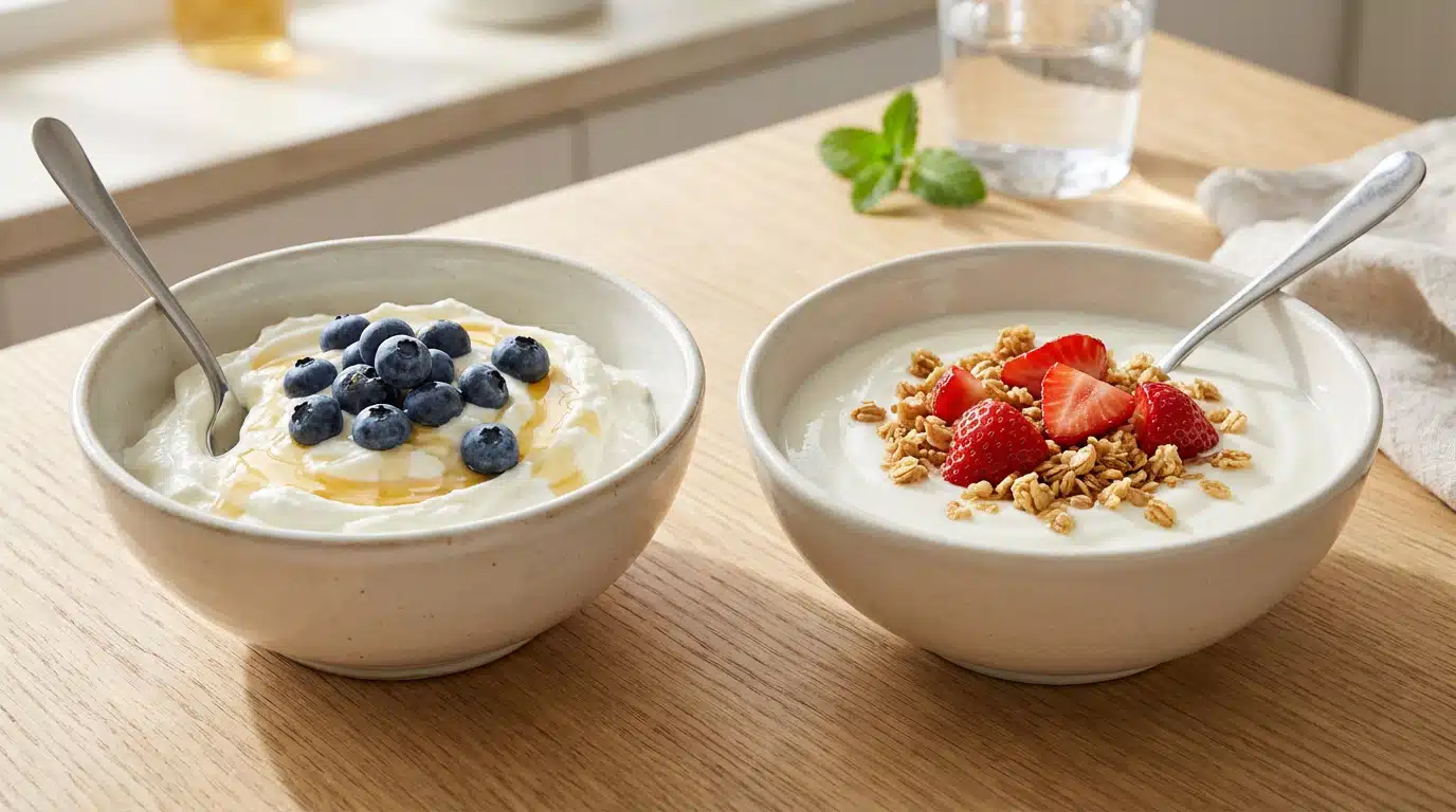 Comparaison saine entre skyr et yaourt pour votre santé Bol de skyr à côté d'un bol de yaourt nature illustrant le choix skyr ou yaourt pour la santé
