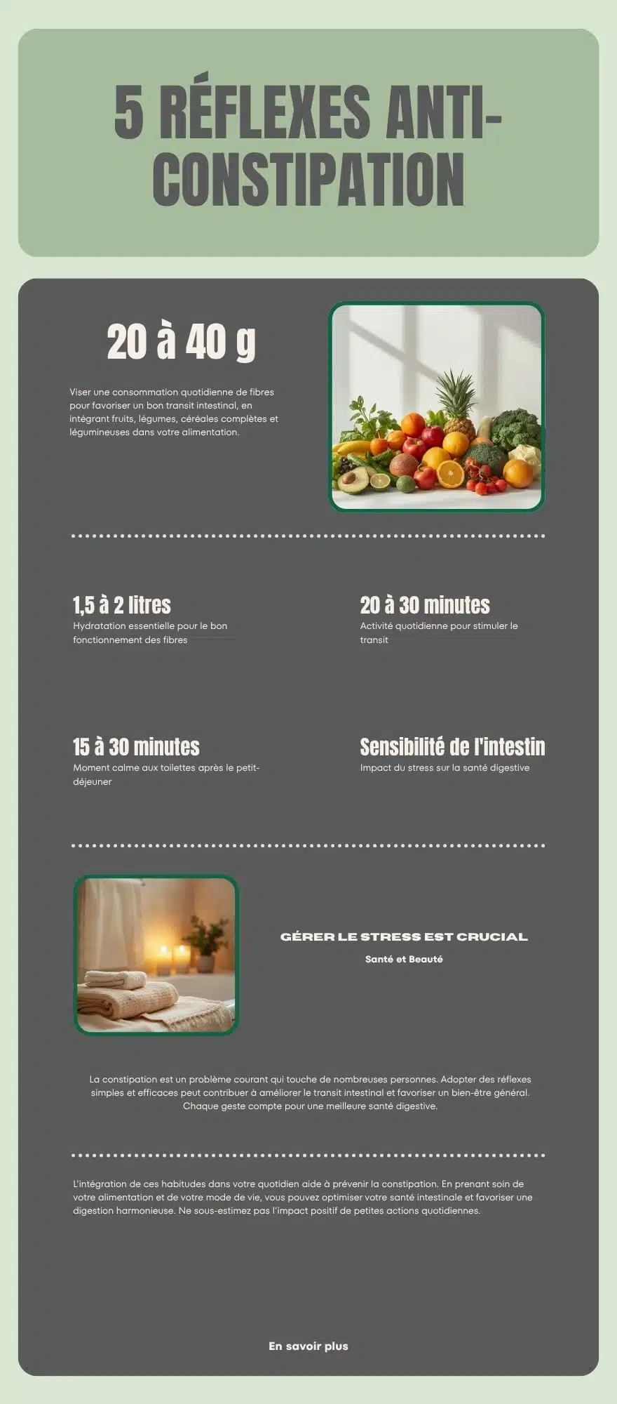 5 réflexes anti-constipation Constipation : 5 réflexes à adopter (fibres, hydratation, activité physique, rituel, gestion du stress)