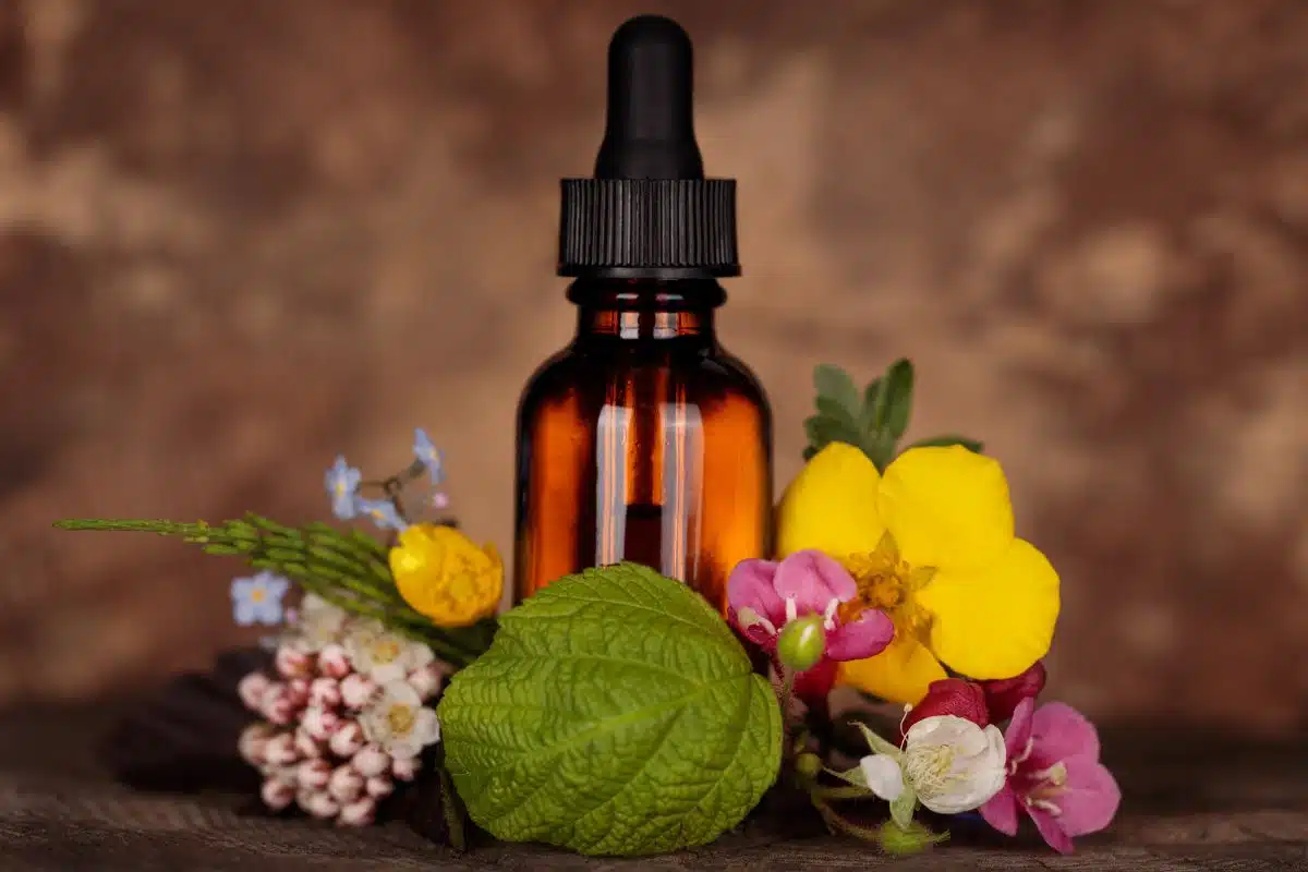 Fleurs de Bach ménopause flacon d’elixir floral entouré de fleurs colorées, émotions Fleurs de Bach ménopause flacon d'elixir floral entouré de fleurs colorées, émotions