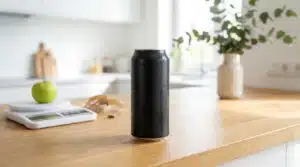 Coca zéro calorie : bouteille ouverte et verre rempli de glaçons et de boisson gazeuse