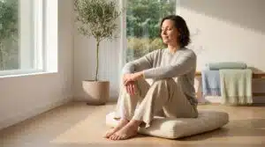 Cohérence cardiaque : personne assise en méditation au lever du soleil