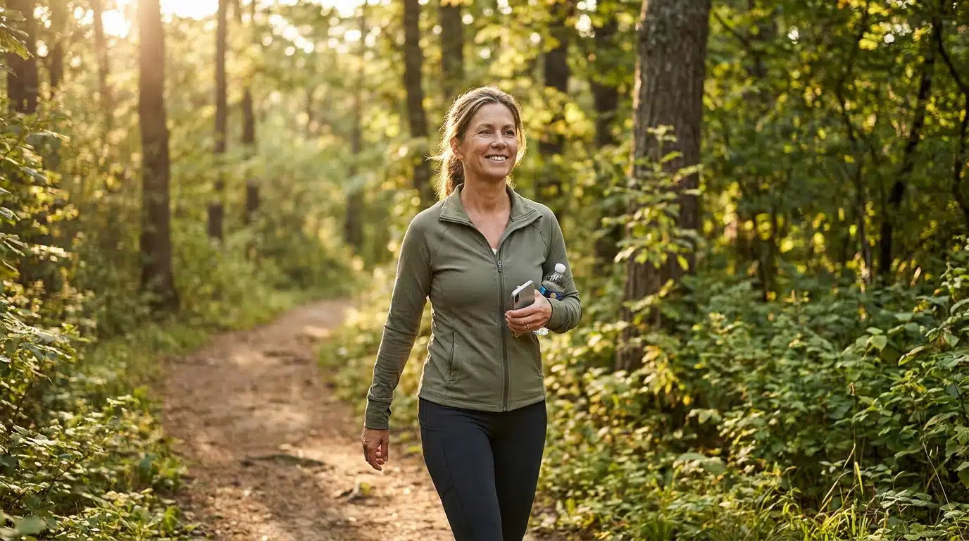 Effets ménopause sur le corps femme marchant dans une forêt ensoleillée Effets ménopause sur le corps, femme mature marchant dans une forêt ensoleillée