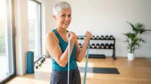 Comment prendre du muscle rapidement après 50 ans avec une femme active utilisant une bande de résistance