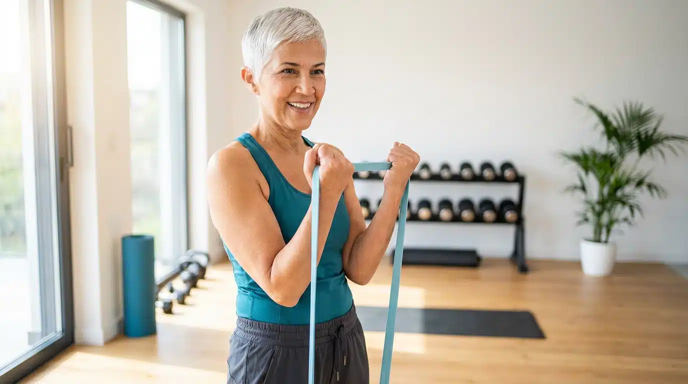 Comment prendre du muscle rapidement après 50 ans, femme active avec bande de résistance Comment prendre du muscle rapidement après 50 ans avec une femme active utilisant une bande de résistance