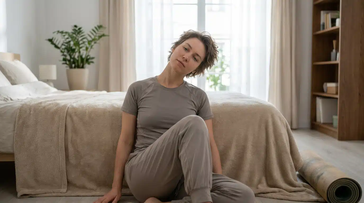 Méthode pour traiter soi même le vertige positionnel avec exercices Personne en train de réaliser une méthode pour traiter soi même le vertige positionnel en effectuant une manœuvre spécifique