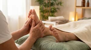 Réflexologue plantaire pratiquant une stimulation des zones réflexes du pied