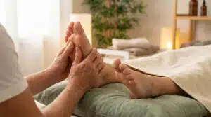 Réflexologue plantaire pratiquant une stimulation des zones réflexes du pied