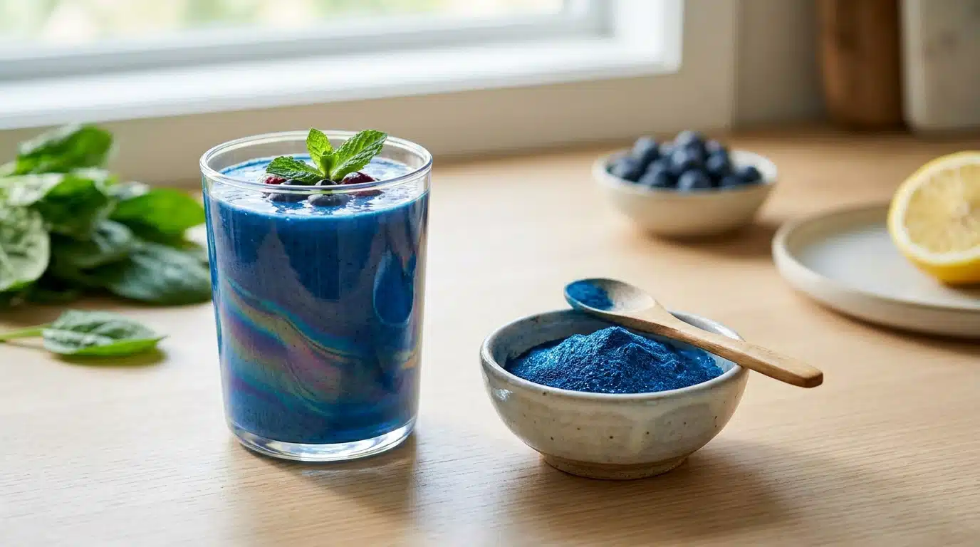 Spiruline bleue : smoothie vibrant au pigment naturel Spiruline bleue en poudre dans un smoothie vibrant
