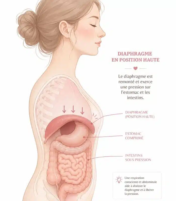 Diaphragme et ventre gonflé : compression mécanique des organes digestifs Diaphragme bloqué et ventre gonflé : illustration anatomique du lien entre diaphragme et estomac