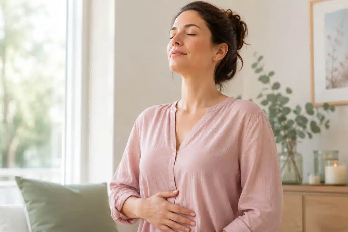 Respiration abdominale : effets sur le bien-être quotidien après déblocage du diaphragme Bienfaits du déblocage du diaphragme : femme yeux fermés respiration abdominale apaisée