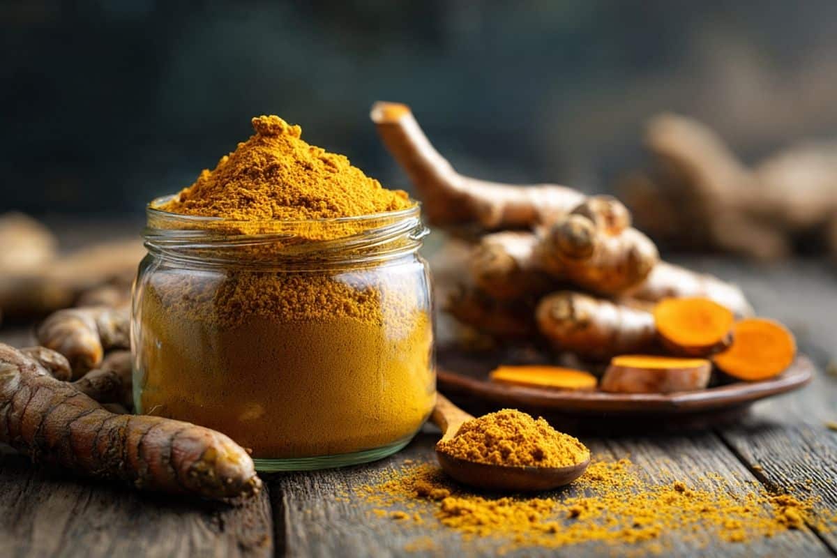 Curcuma bienfaits : racine et poudre de curcuma sur une table en bois