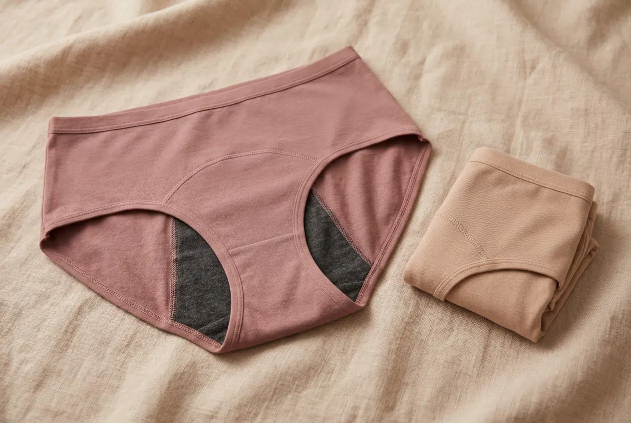 Culottes menstruelles, modèle déplié et modèle plié Deux culottes menstruelles, l'une dépliée montrant la coupe, l'autre pliée