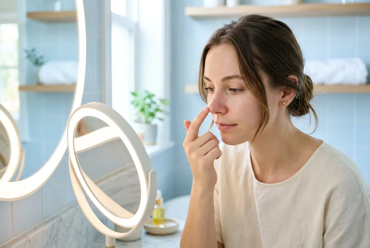 Œdème du nez après une rhinoplastie Femme observant la pointe de son nez dans un miroir, léger gonflement après une rhinoplastie