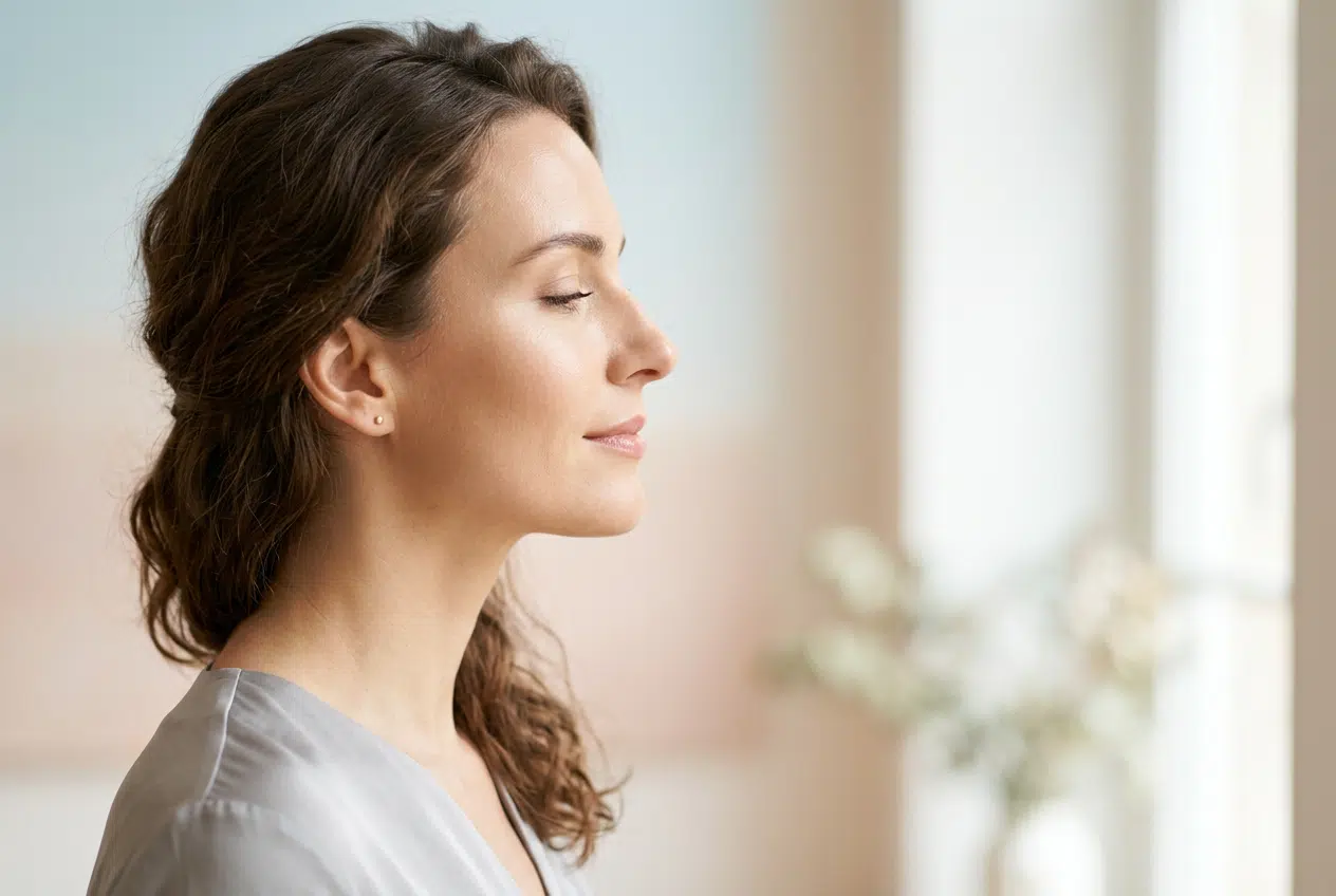 Rhinoplastie ratée : que faire face à un résultat décevant Rhinoplastie ratée : femme de profil au visage serein, lumière douce sur la ligne du nez