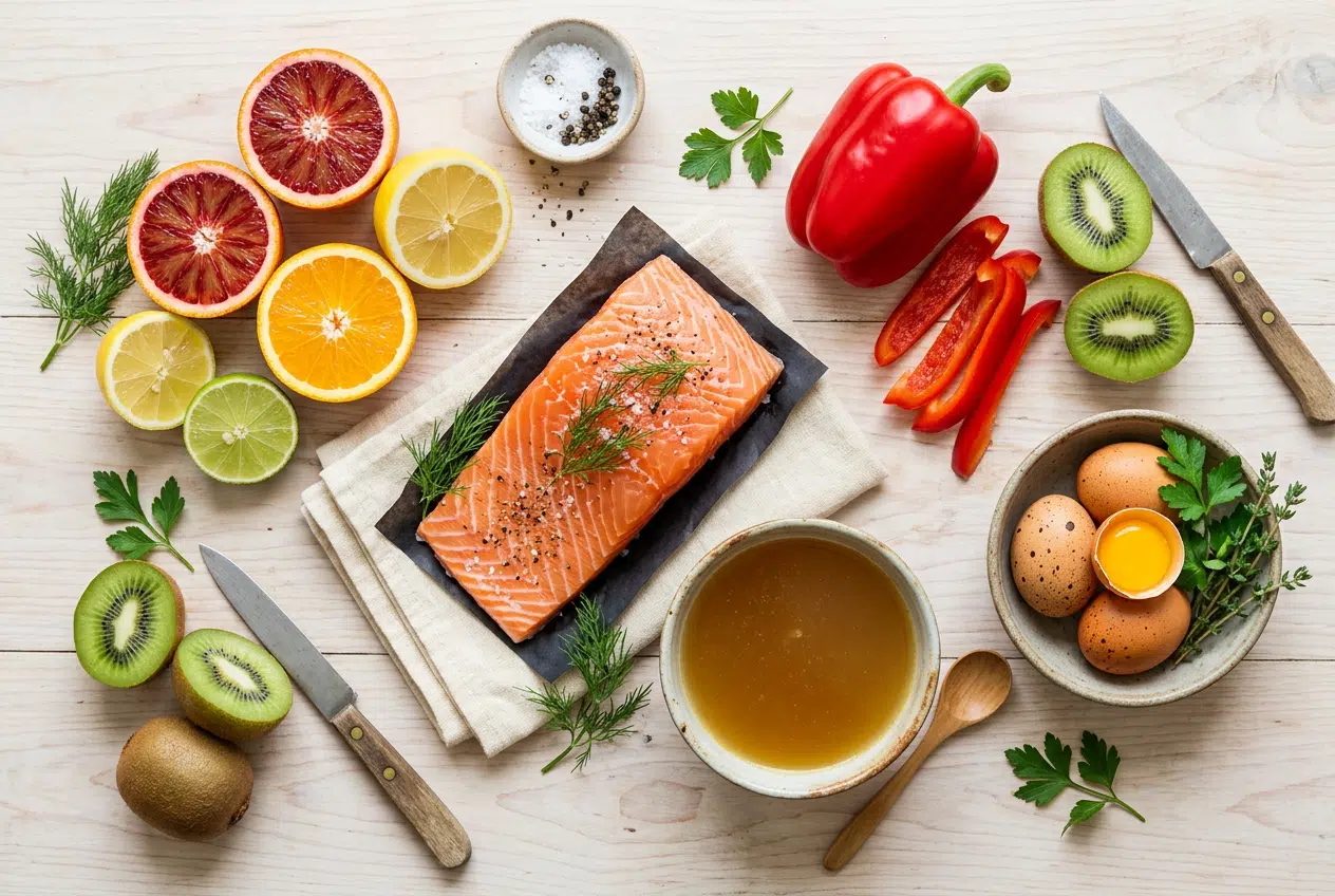 Aliments qui soutiennent le collagène Aliments riches en protéines et vitamine C pour soutenir la production de collagène