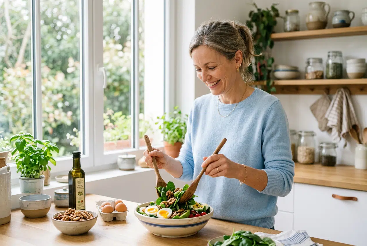 Jeûne intermittent femme 40+ : le guide complet Femme de 40 ans souriante avec un repas équilibré, jeûne intermittent
