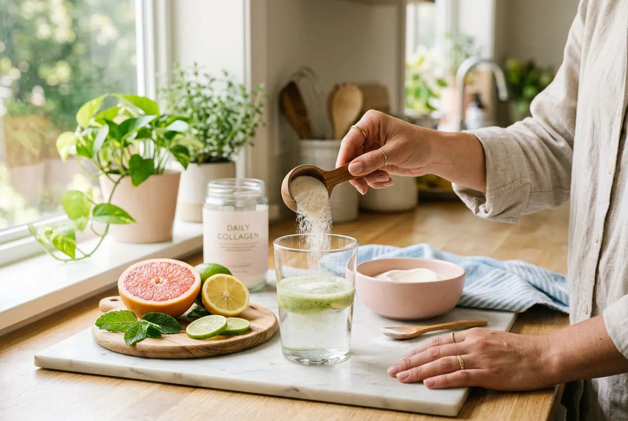Cure de collagène au quotidien Dose de collagène en poudre versée dans une boisson pour une cure quotidienne