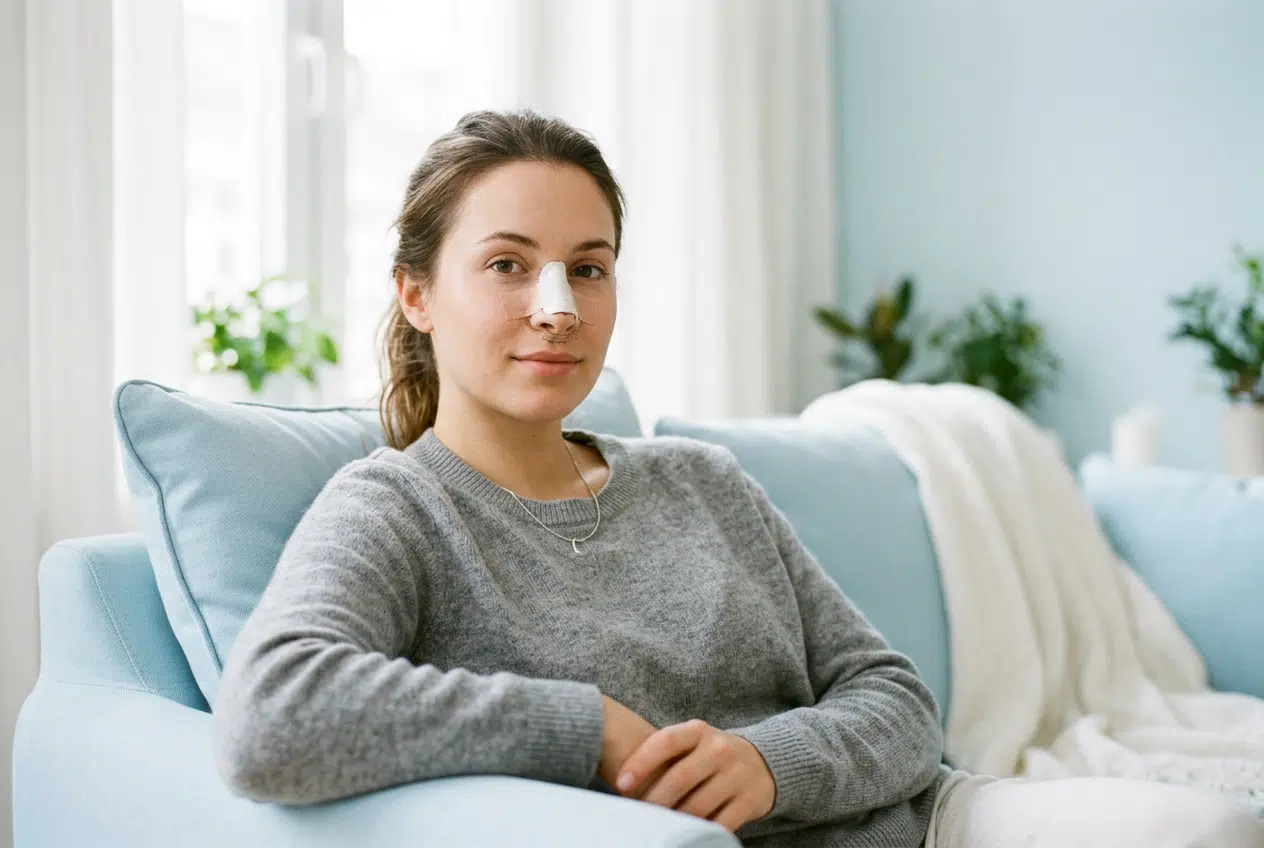 Pansement sur le nez après une rhinoplastie Femme portant une attelle et un pansement sur le nez après une chirurgie du nez