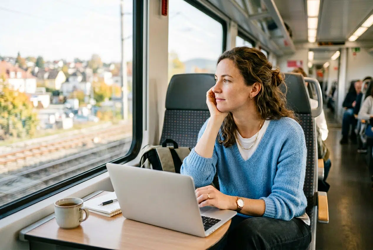 Journée active chargée, femme dans les transports ou au bureau Femme active enchaînant trajets et travail au cours d'une longue journée