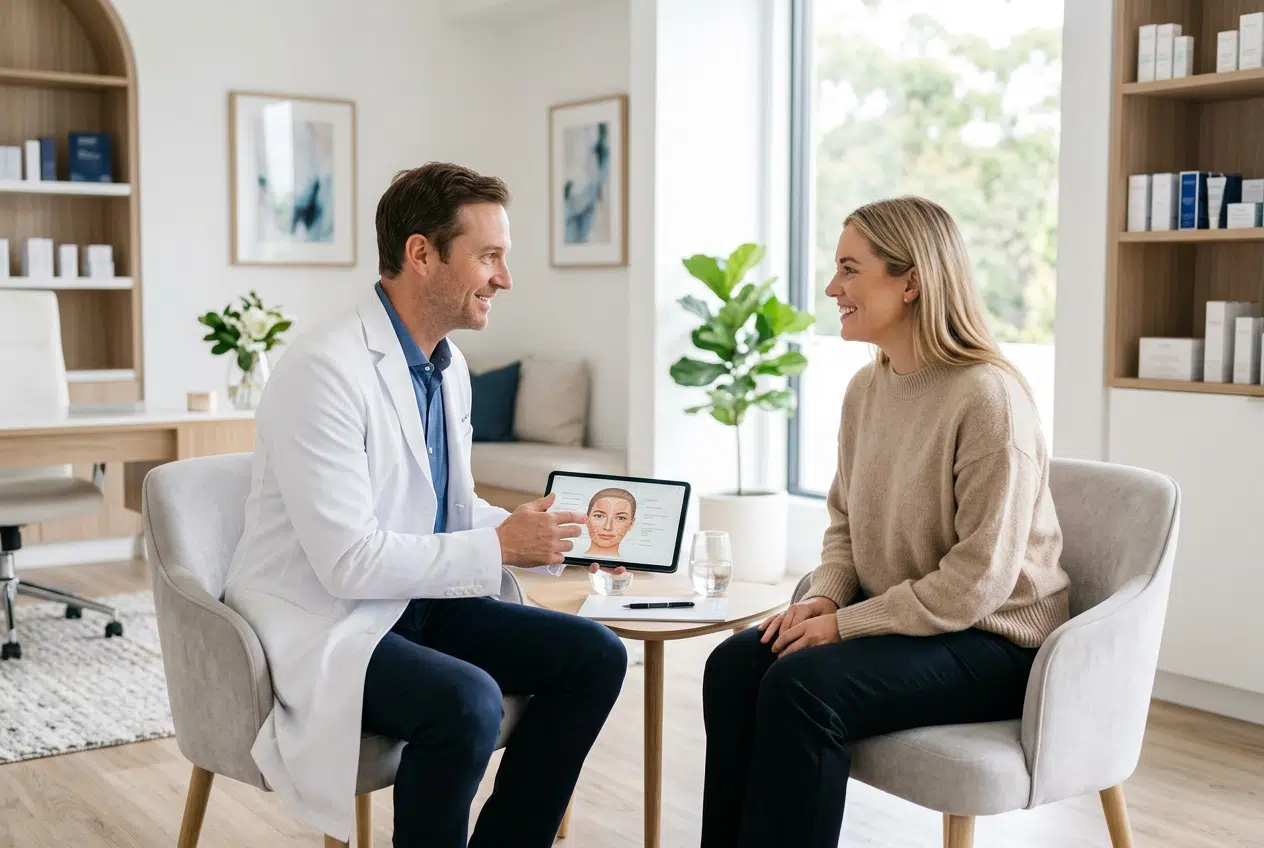 Consultation avec un chirurgien pour une reprise de rhinoplastie Patiente en consultation avec un chirurgien esthétique dans un cabinet lumineux