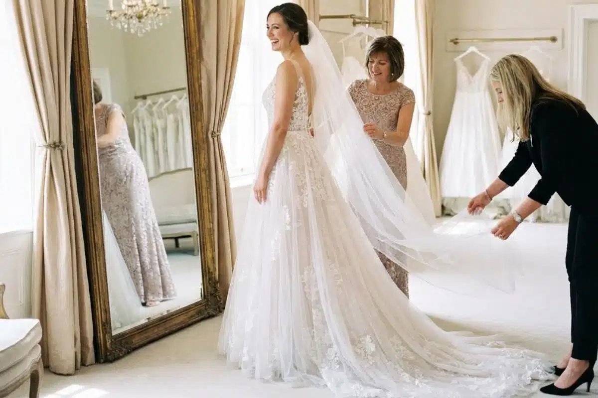 Beauté de la mariée : essayage de la robe devant le miroir Beauté de la mariée : essayage d'une robe en dentelle devant un grand miroir doré