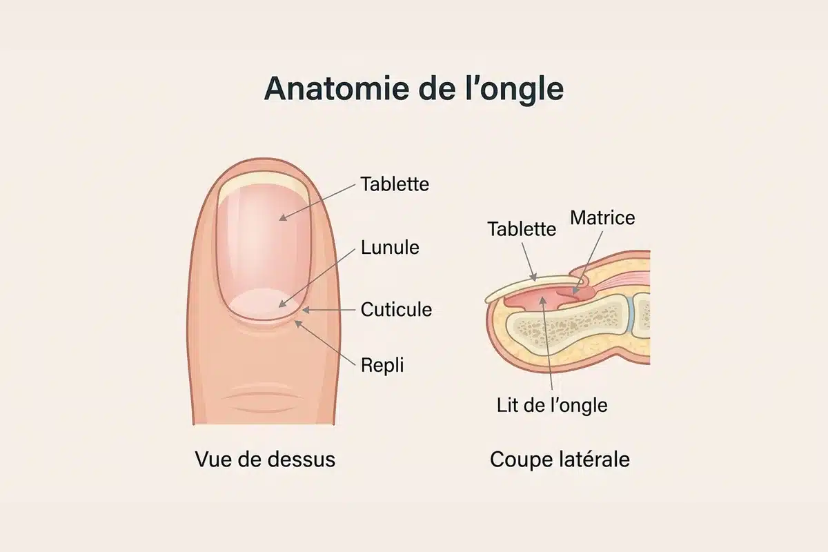 Anatomie de l ongle Schema de l anatomie de l ongle : tablette, lunule, cuticule, repli, matrice et lit de l ongle